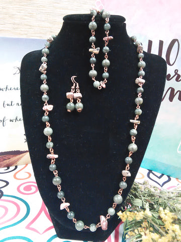 CU+ Wear Copper, Set of Handcrafted Jade and Jasper  22" Necklace, 7" Bracelet, and Earrings